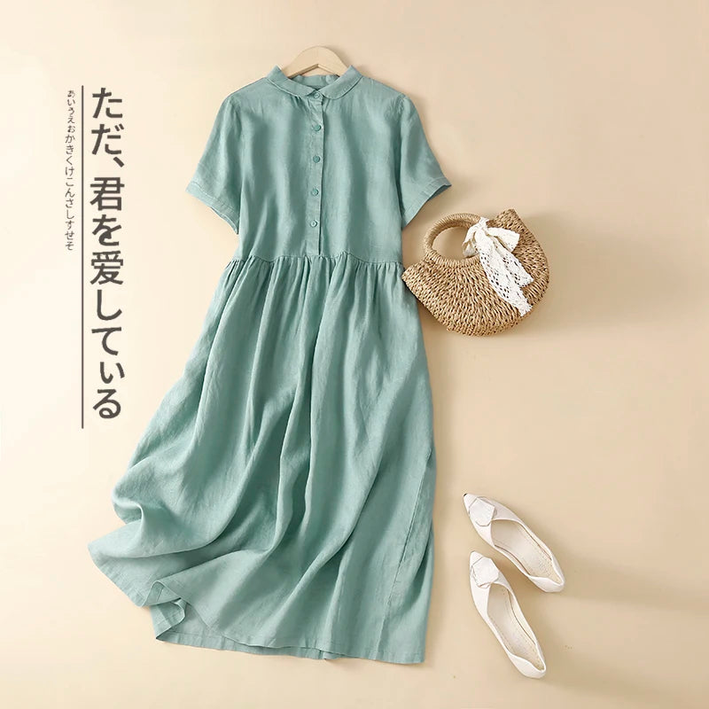 Olive Cotton-Linen Button Midi Dress