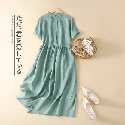 Olive Cotton-Linen Button Midi Dress