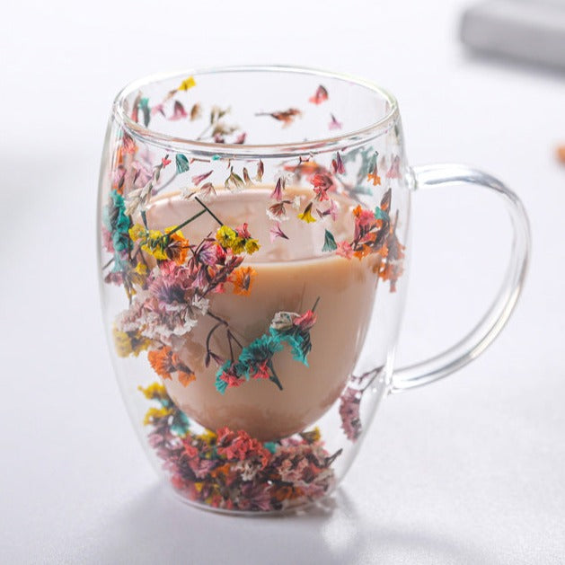 Floral Double Wall Glass Mug