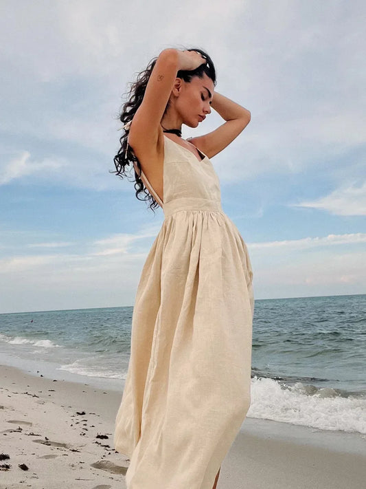 Amara Cotton-Linen V-Neck Midi Dress