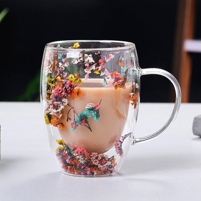 Floral Double Wall Glass Mug
