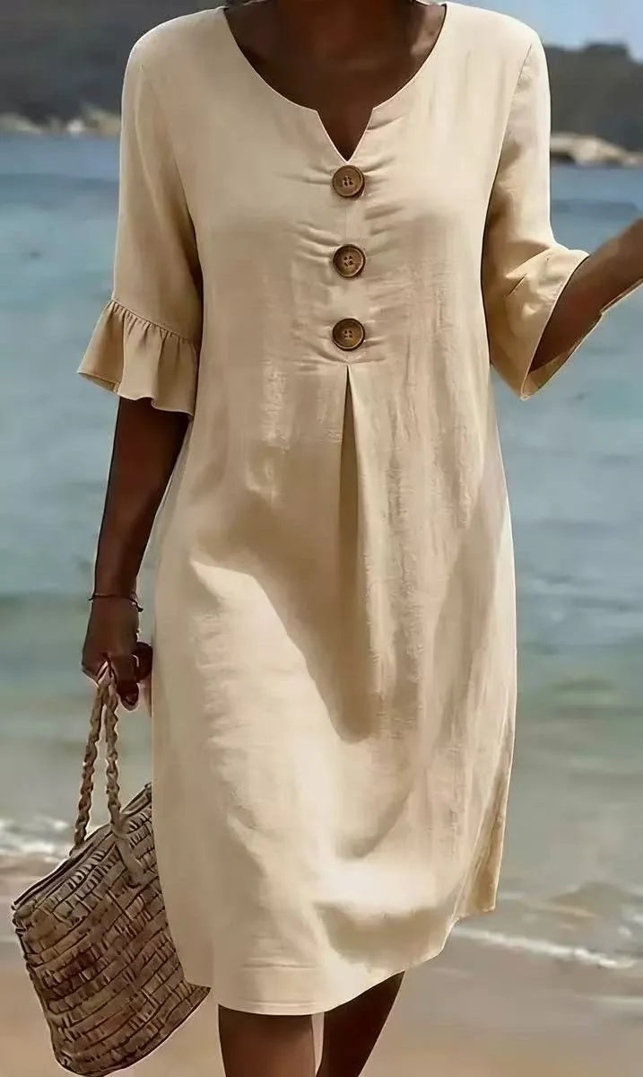 Clara Ruffle Button V-Neck Dress