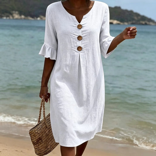 Clara Ruffle Button V-Neck Dress