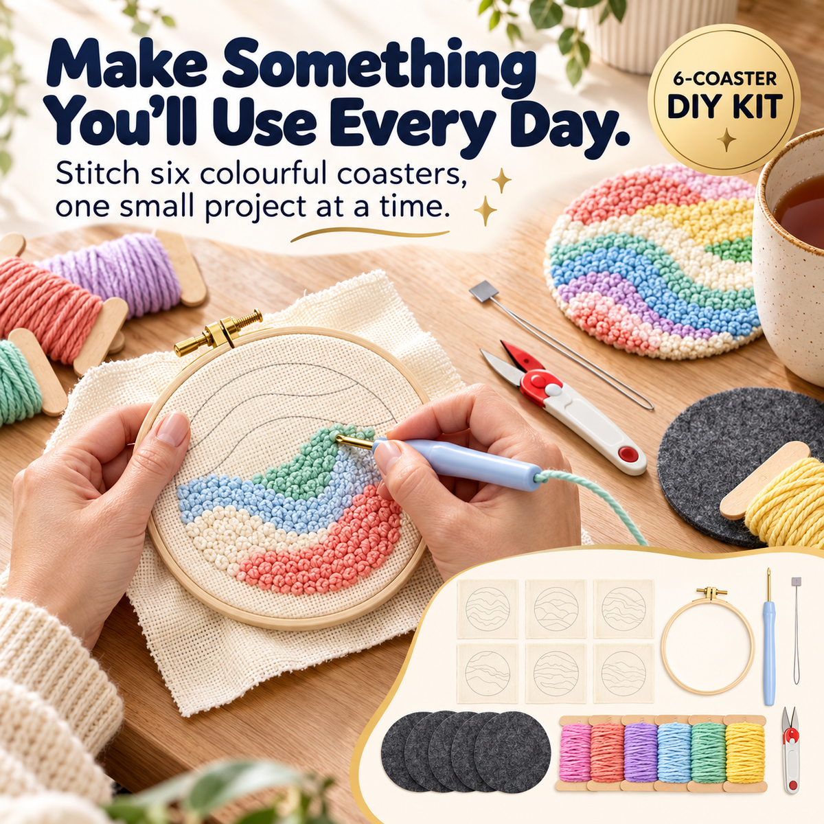 6-Piece Floral Punch-Needle Embroidery Coaster DIY Kit