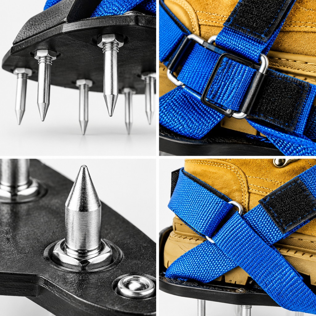 Lawn aerator shoes metal spikes and adjustable straps close-up