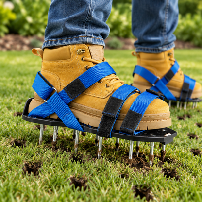 Lawn aerator shoe spikes entering lawn soil