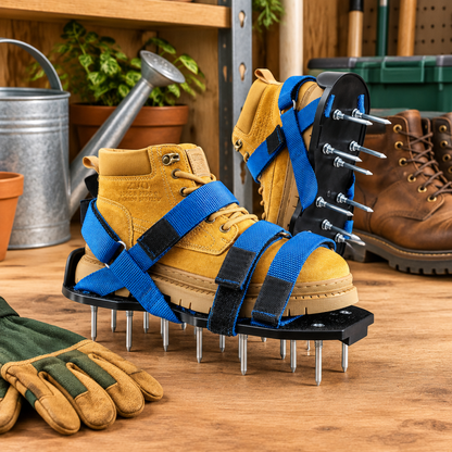 Reusable lawn aerator sandals with gardening gear