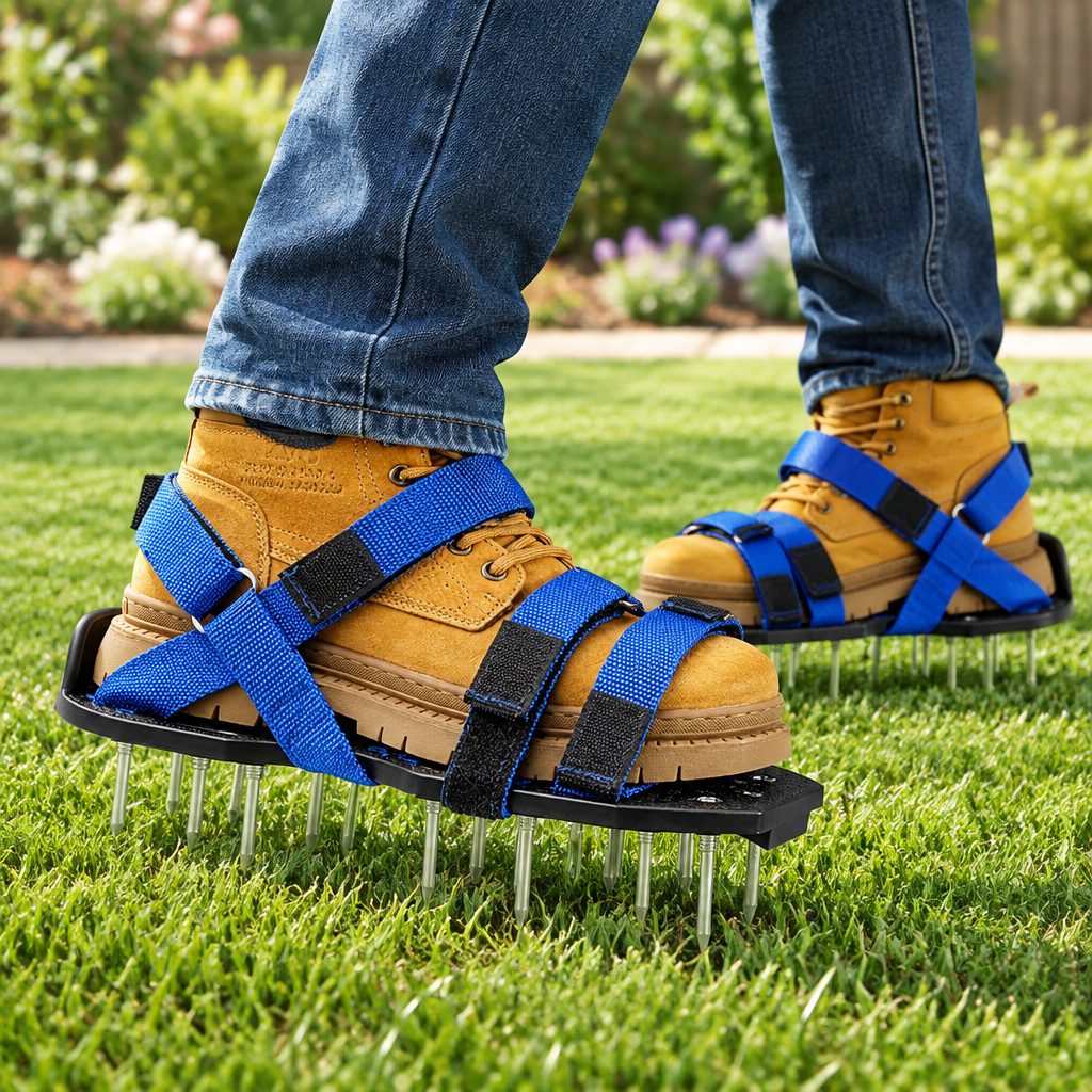 Lawn aerator shoes worn while aerating grass