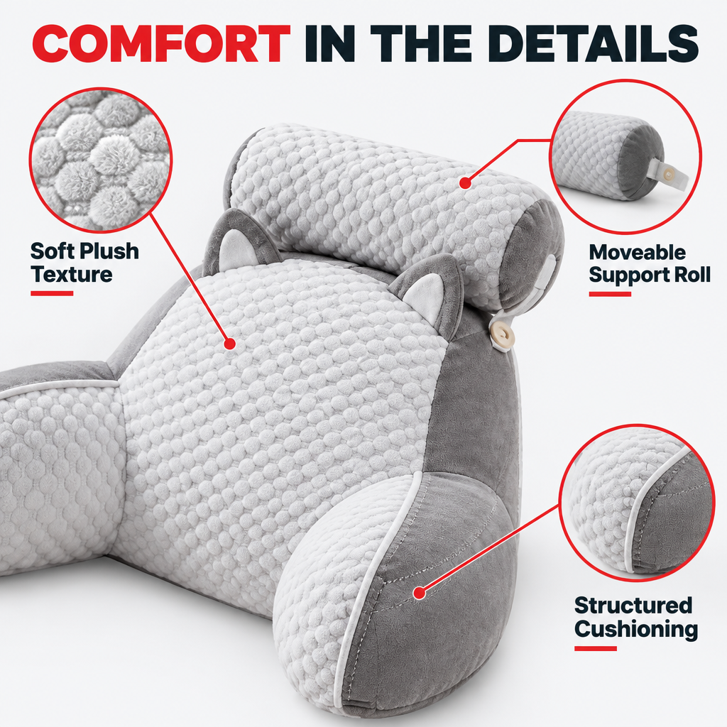 Back and neck support pillow plush fabric detail