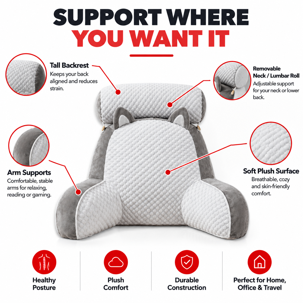 Back and neck support pillow feature infographic
