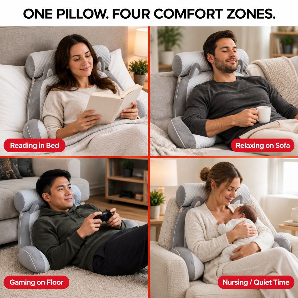 Back and neck support pillow use case collage