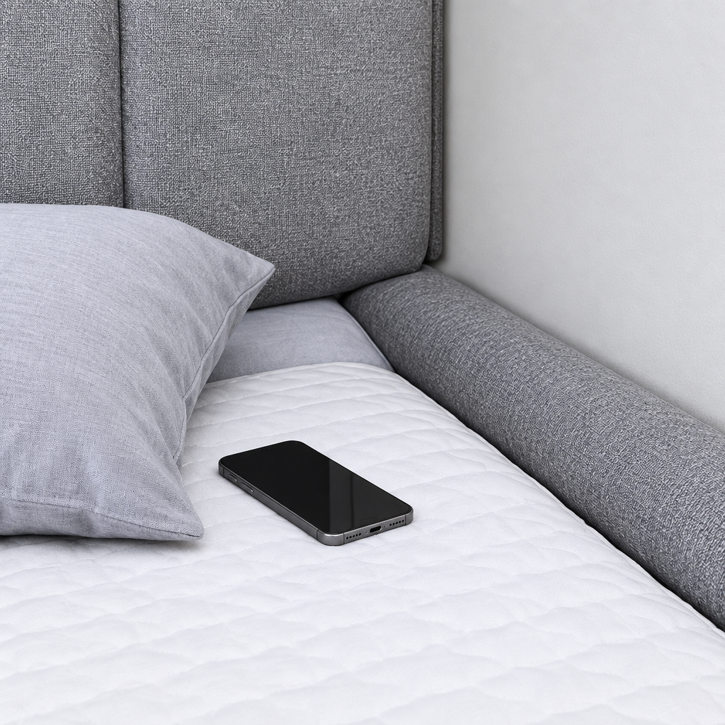 Bed gap filler blocking phone and pillow from falling