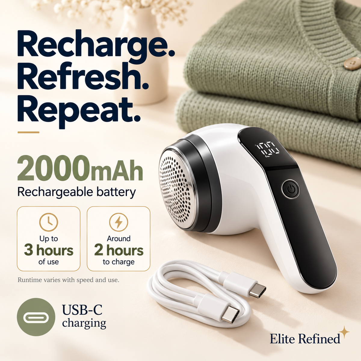 3-Speed Rechargeable Electric Fabric Shaver with Digital Display
