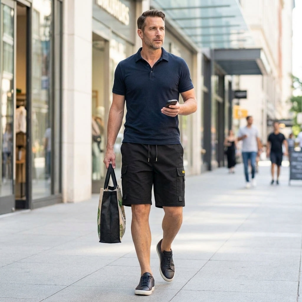 Men wearing black lightweight cargo shorts while walking