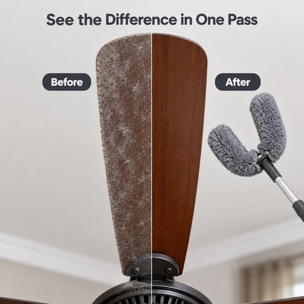 U-Shaped Ceiling Fan Cleaner with Extendable Handle - before and after