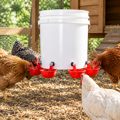 Automatic chicken waterer used in backyard coop