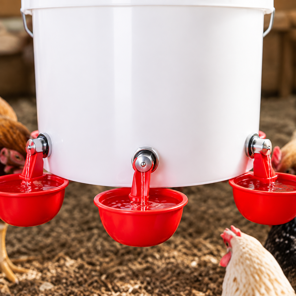 Automatic poultry waterer drinking ports close-up