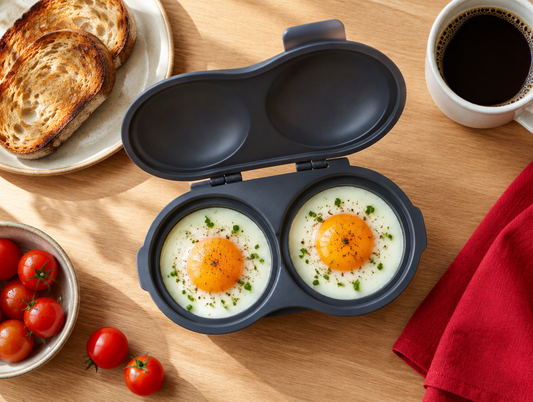 Mikrowellen-Eierkocher mit zwei fertigen Eiern zum Frühstück