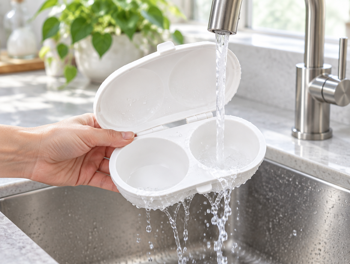 Eierkocher wird unter Wasser ausgespült