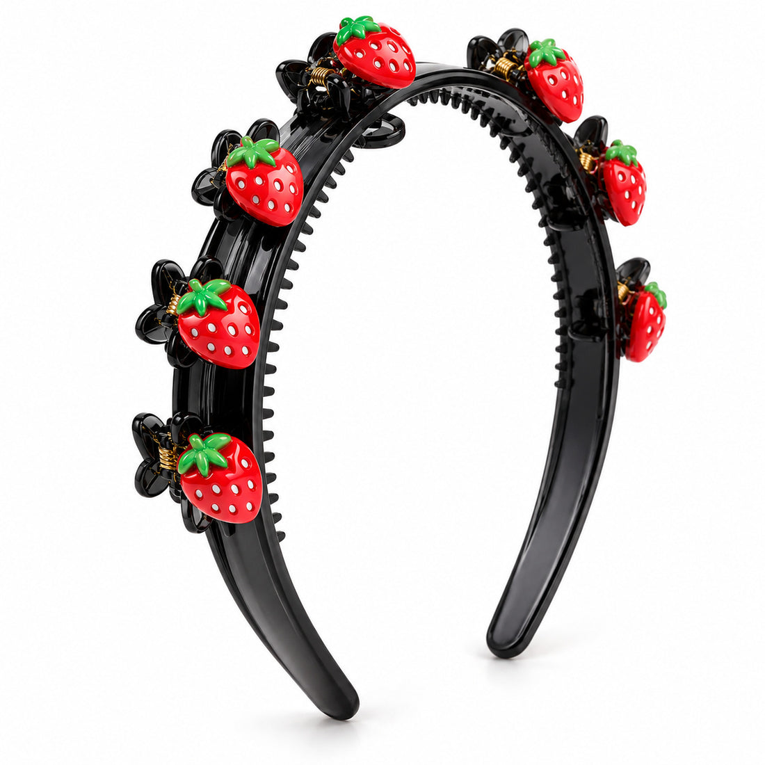 Black strawberry clip headband for girls on a pure white background