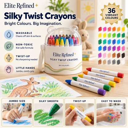 Elite Silky Crayons twist-up barrel design, no sharpening needed
