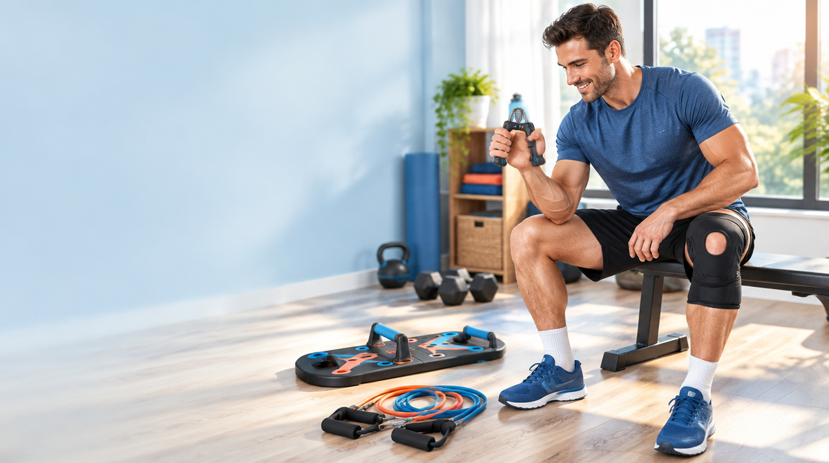Man training at home with a knee brace, grip strengthener and push-up board