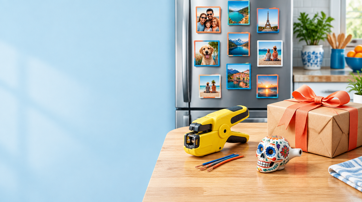 Photo magnets on a fridge, wire stripper, ceramic whistle and a gift box
