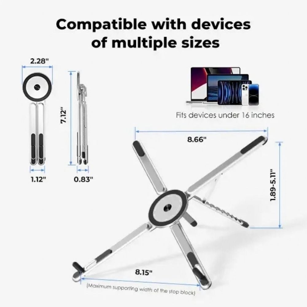 Compact folded device stand with storage pouch