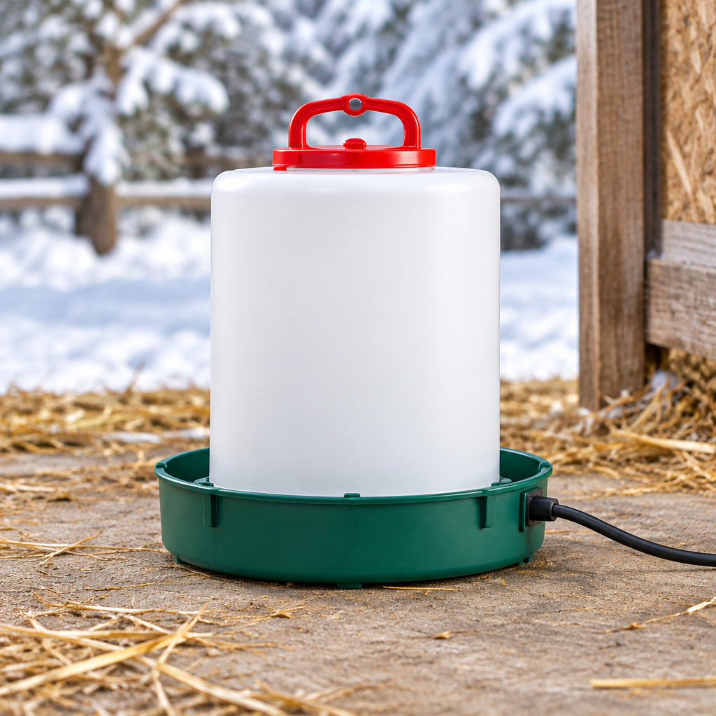 Heated chicken waterer base under poultry drinker