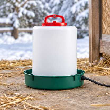 Heated chicken waterer base under poultry drinker