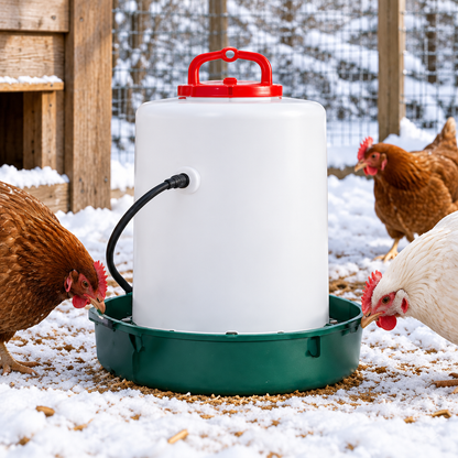 Heated poultry waterer base in winter chicken coop