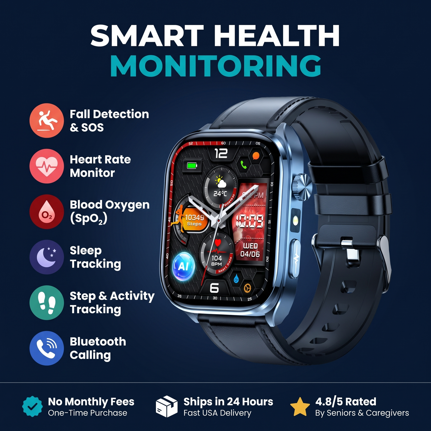 CareTime Pro™ — Senior-Friendly Smartwatch | Fall Detection, SOS, Bluetooth Calling