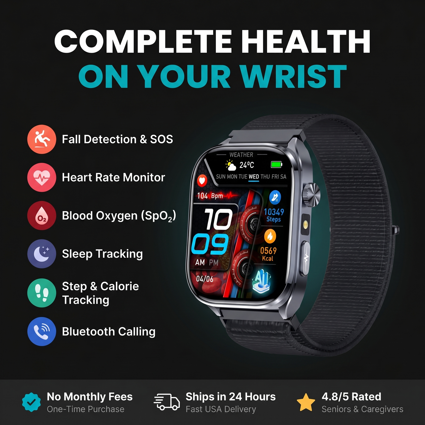CareTime Pro™ — Senior-Friendly Smartwatch | Fall Detection, SOS, Bluetooth Calling