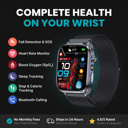 CareTime Pro™ — Senior-Friendly Smartwatch | Fall Detection, SOS, Bluetooth Calling