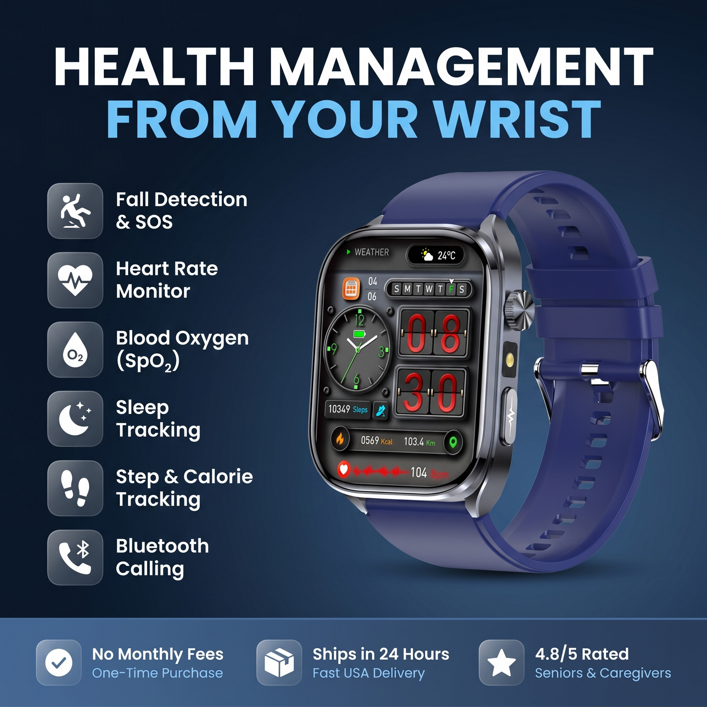 CareTime Pro™ — Senior-Friendly Smartwatch | Fall Detection, SOS, Bluetooth Calling