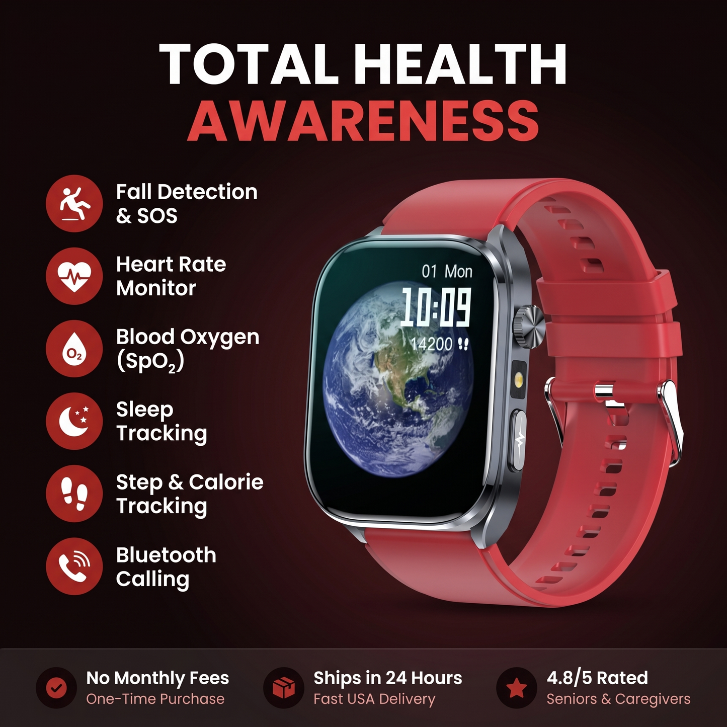 CareTime Pro™ — Senior-Friendly Smartwatch | Fall Detection, SOS, Bluetooth Calling