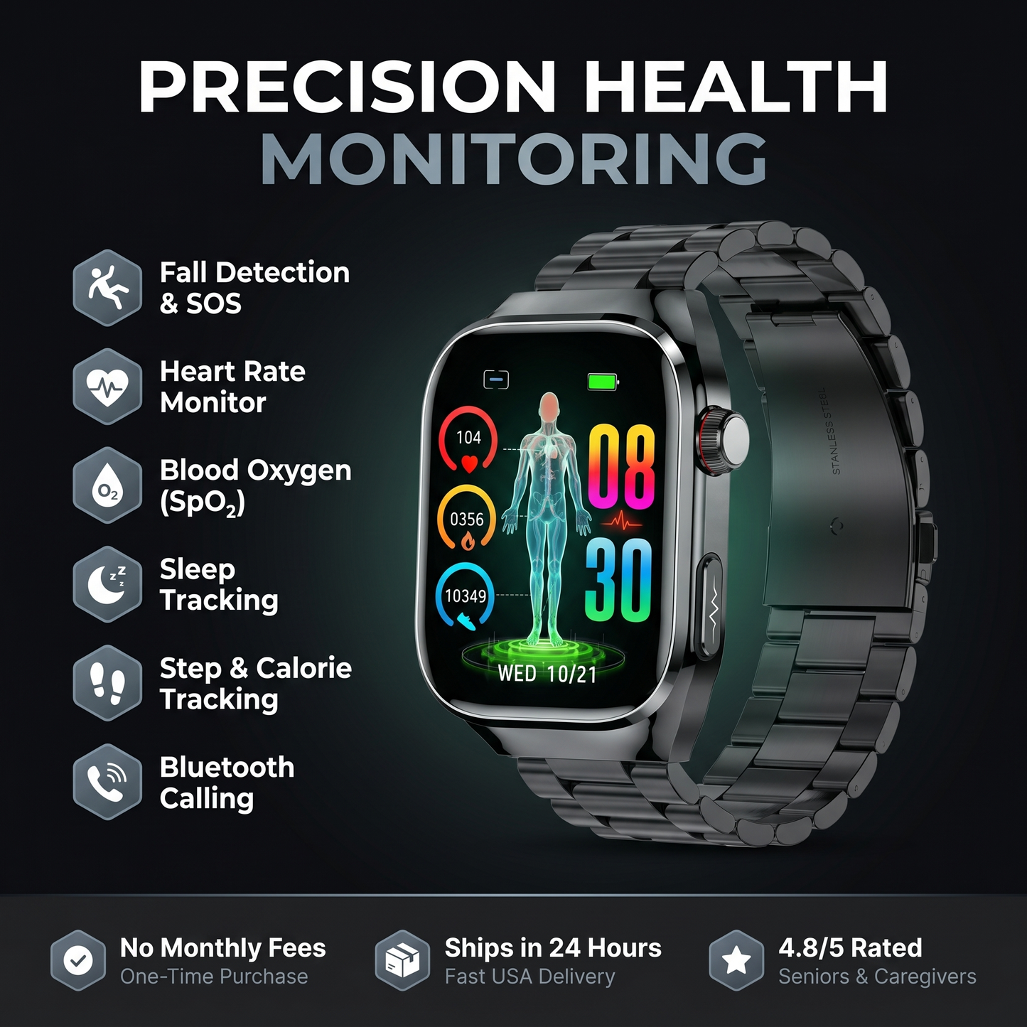 CareTime Pro™ — Senior-Friendly Smartwatch | Fall Detection, SOS, Bluetooth Calling