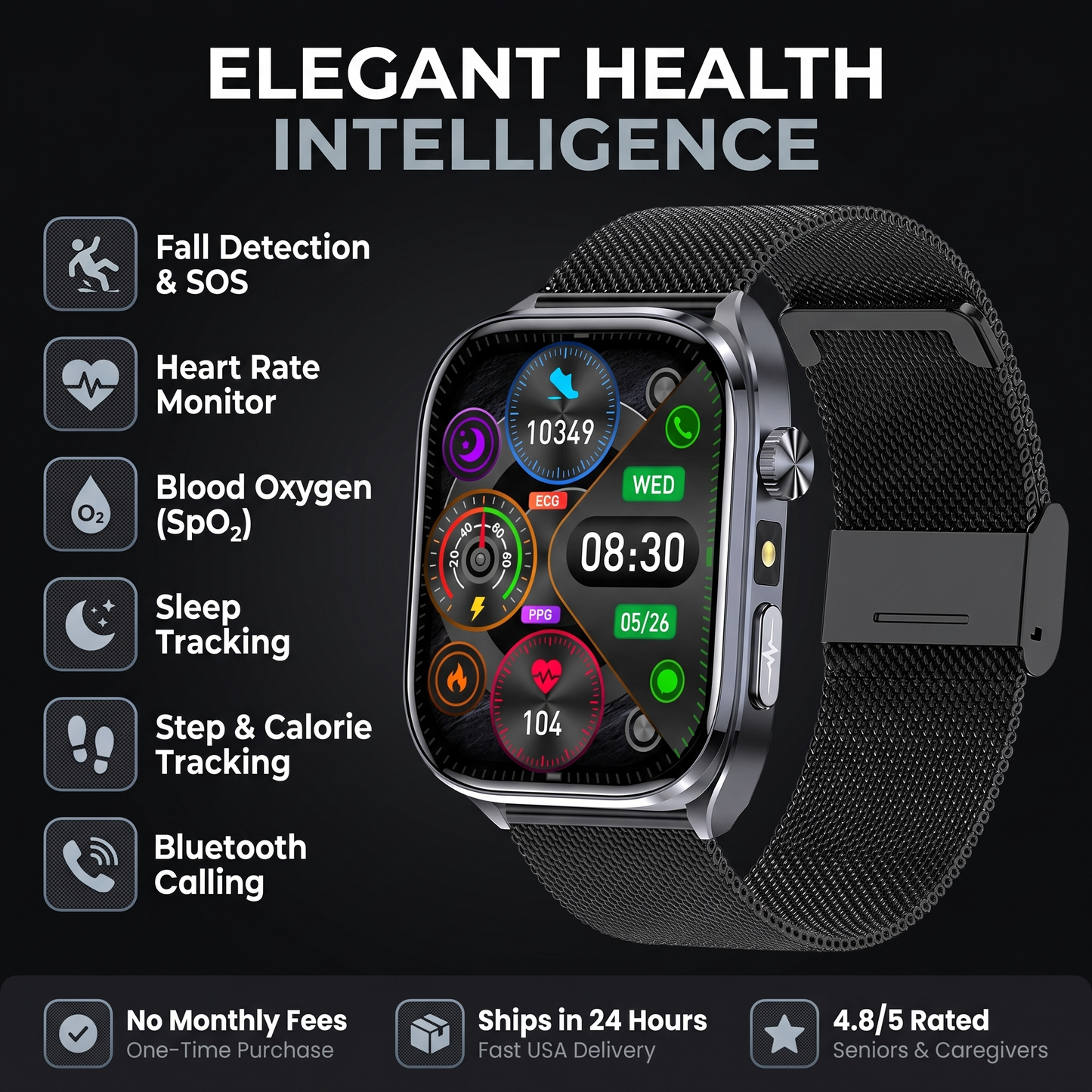 CareTime Pro™ — Senior-Friendly Smartwatch | Fall Detection, SOS, Bluetooth Calling