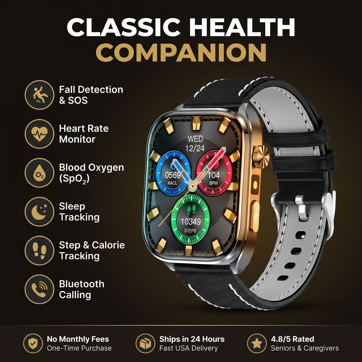 CareTime Pro™ — Senior-Friendly Smartwatch | Fall Detection, SOS, Bluetooth Calling