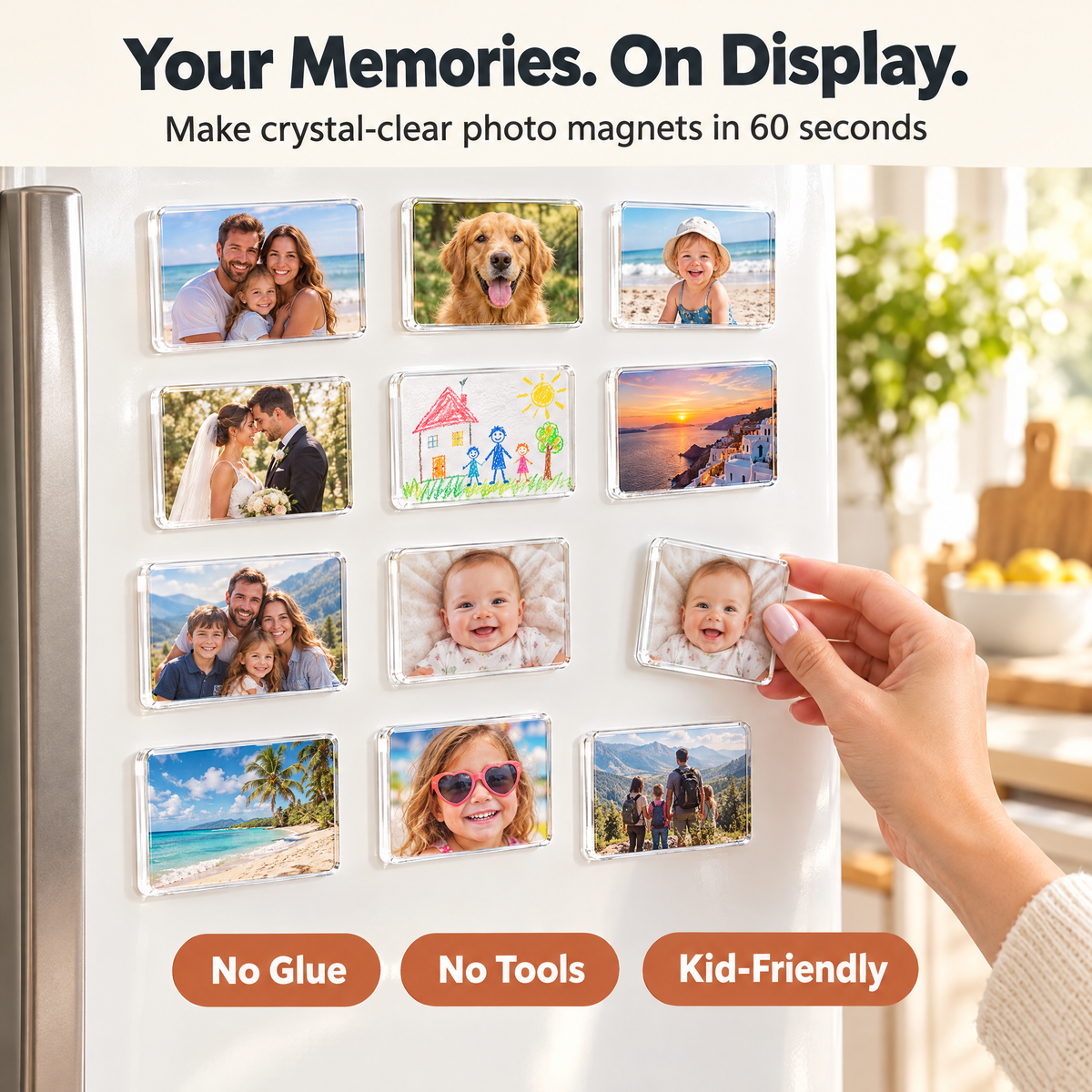 Clear acrylic DIY photo magnets with family photos on a fridge