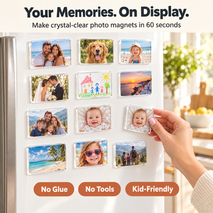 Clear acrylic DIY photo magnets with family photos on a fridge