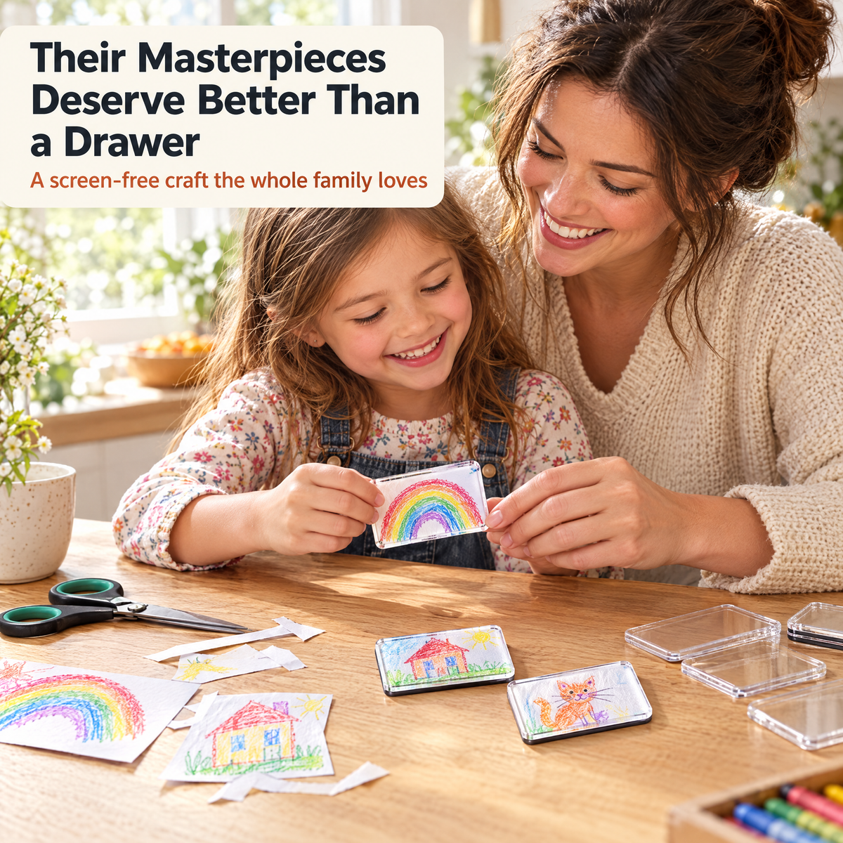 Mother and daughter turning kids drawings into acrylic magnets