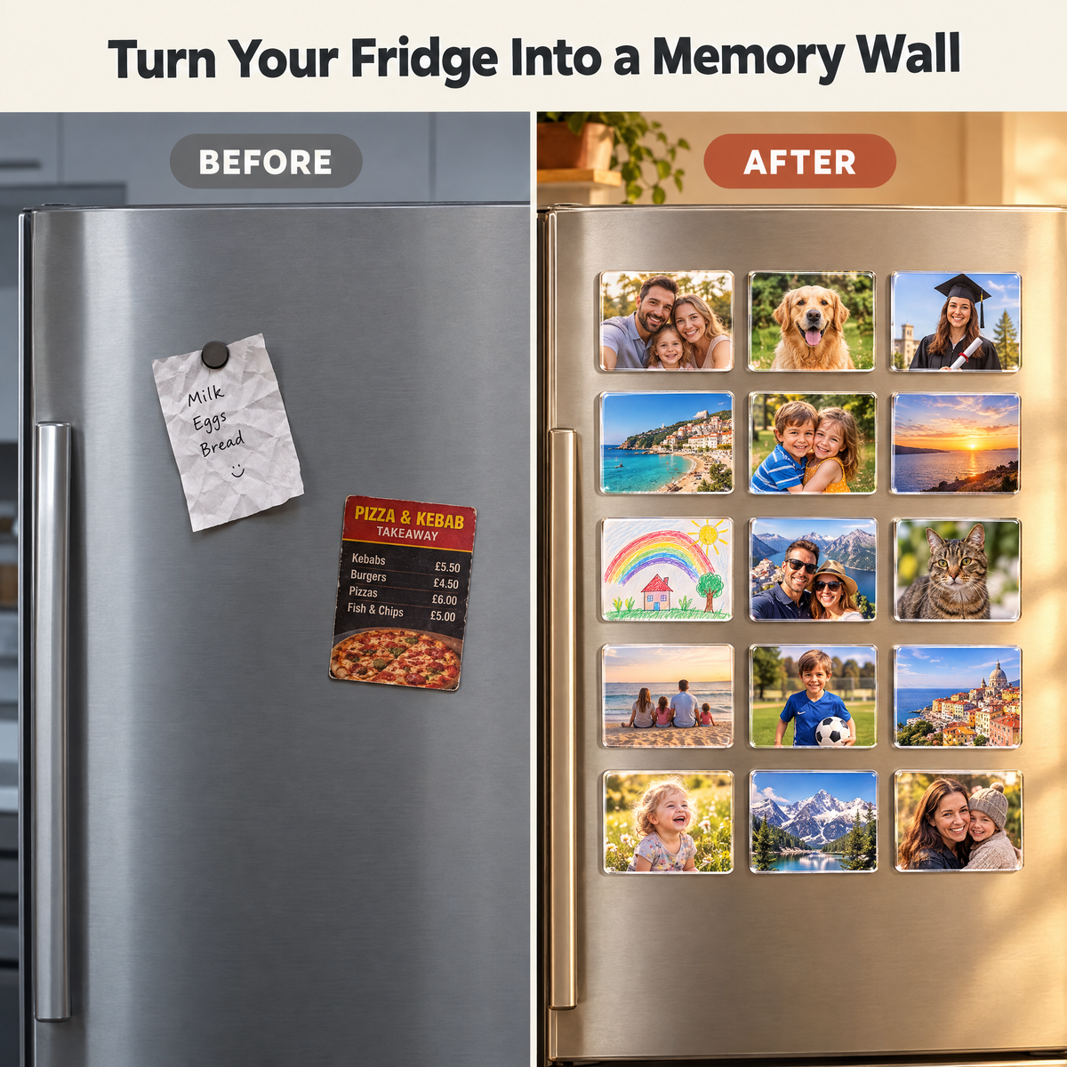 Before and after fridge memory wall with acrylic photo magnets