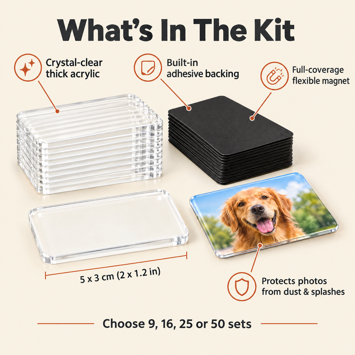 What's in the DIY photo magnet kit - 5 x 3 cm acrylic blocks and magnets