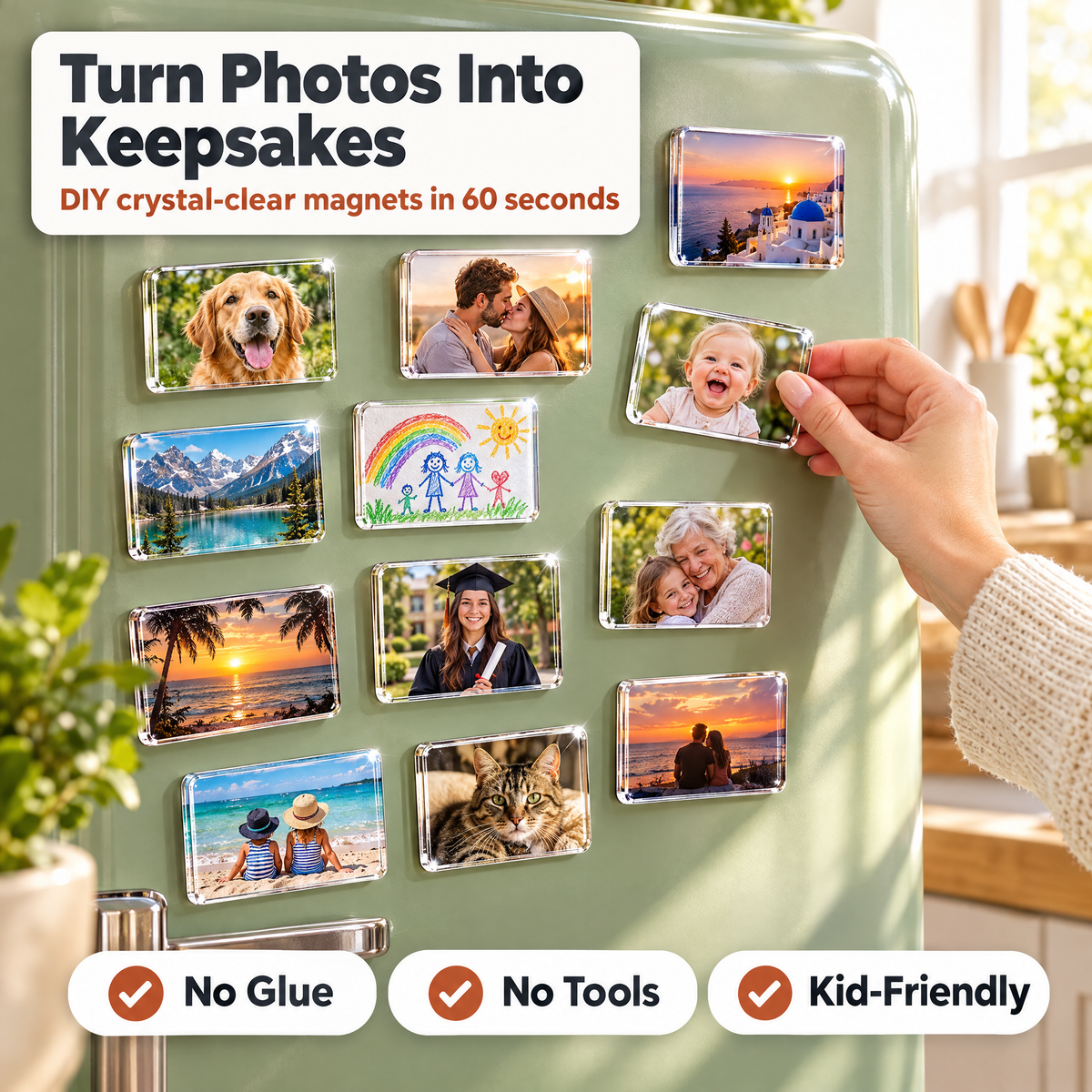 Fridge covered in clear acrylic photo magnets