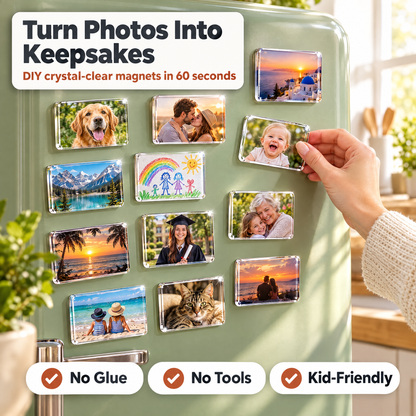 Fridge covered in clear acrylic photo magnets