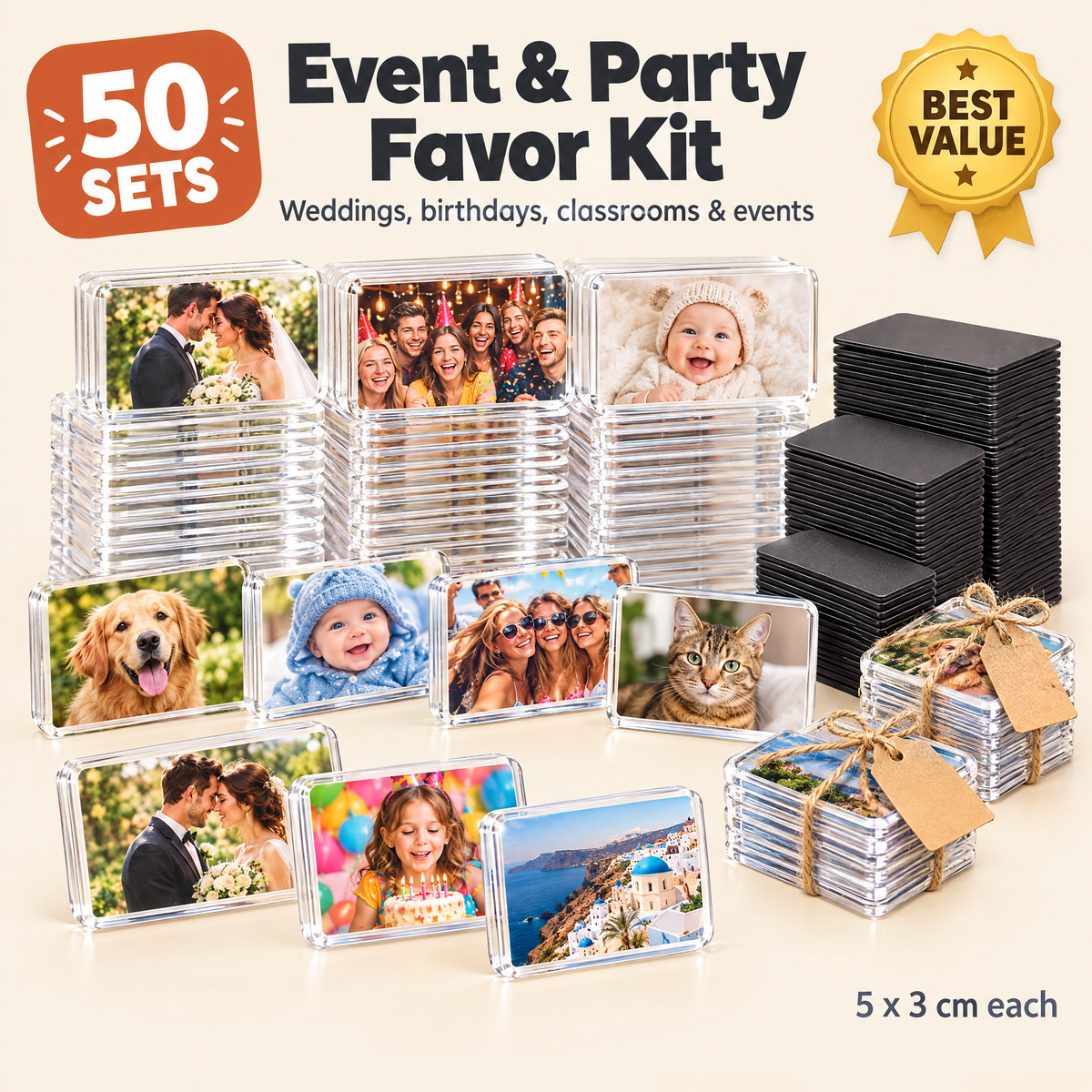 50-Pack Event and Party Favor Kit - 50 acrylic photo magnet sets