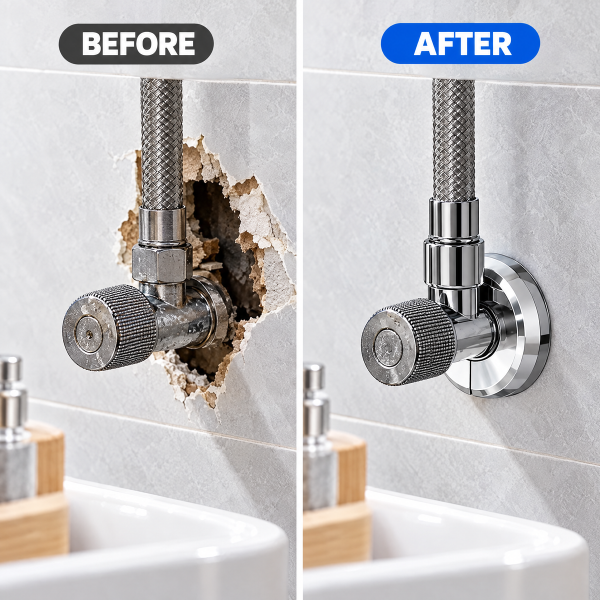 Before and after: pipe cover hides broken wall hole around a water valve