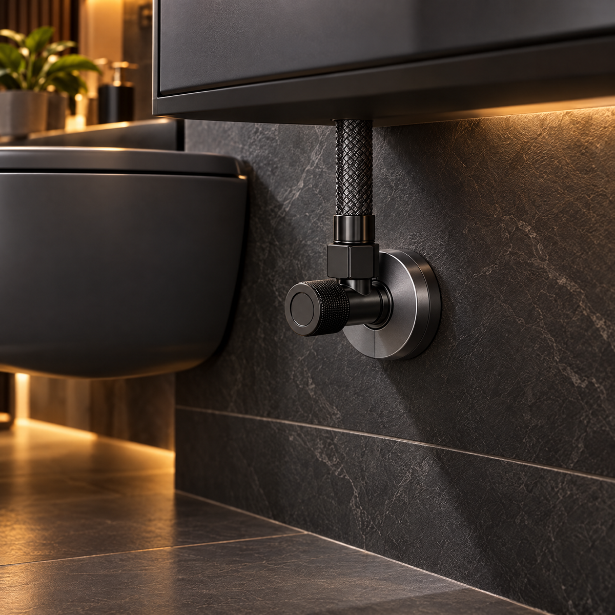 Gunmetal Gray pipe cover in a modern dark bathroom