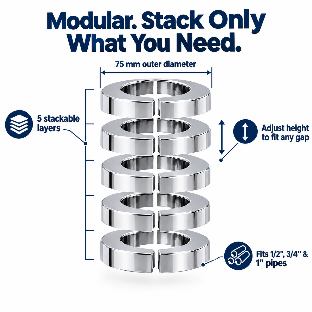 Exploded view: 5 stackable layers, 75 mm diameter, fits 1/2, 3/4 and 1 inch pipes